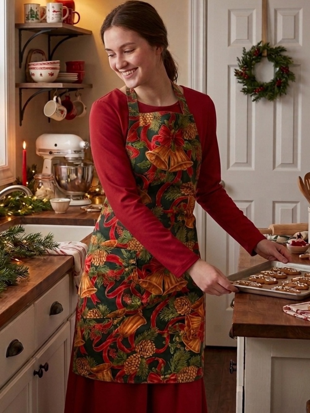 Vintage Christmas Apron Hand Made Holly Pine Cones Bells